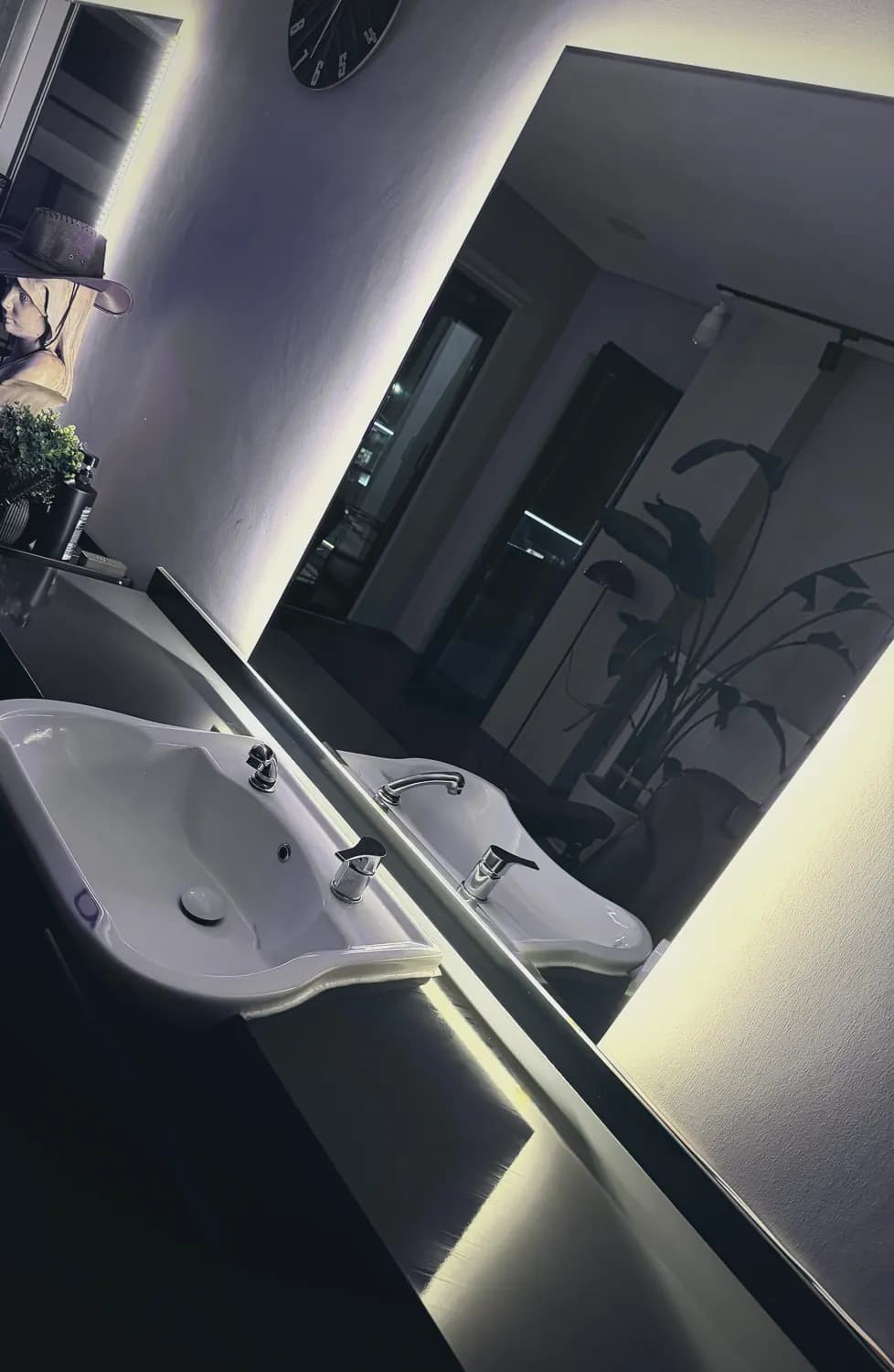Işıklı ayna, lavabo ve arkada yansıyan yeşil bitki